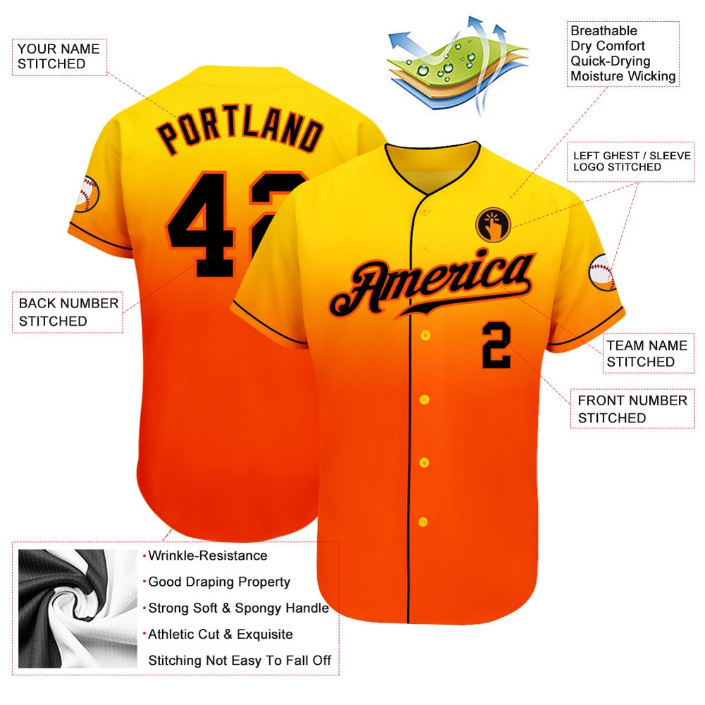 Yellow Black-Orange Authentic Fade Fashion Baseball Jersey, Custom Baseball Jersey, Personalized Sport Jersey
