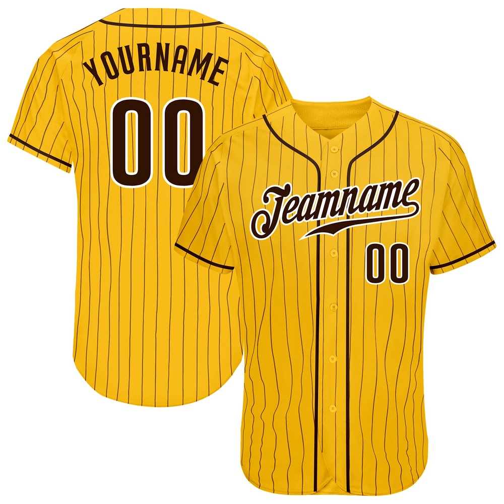 Yellow Brown Pinstripe Brown-White Authentic Baseball Jersey, Custom Baseball Jersey, Personalized Sport Jersey
