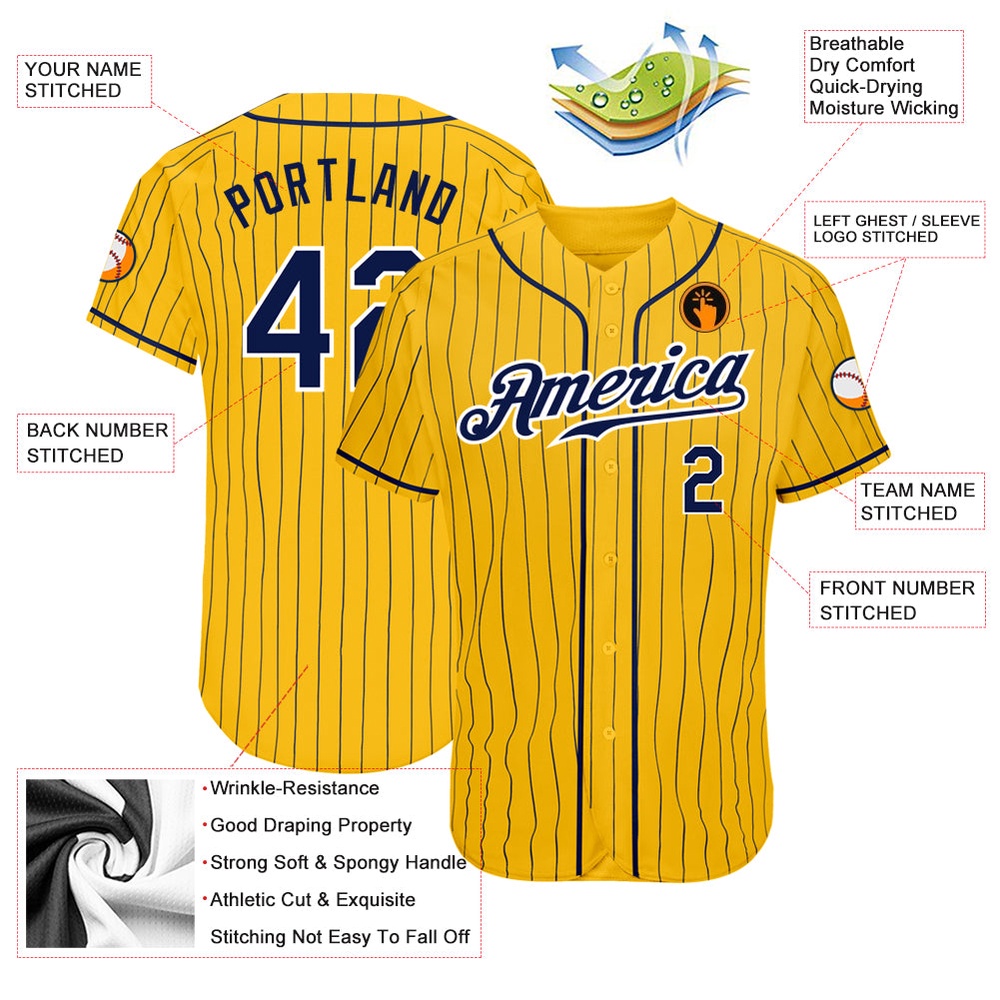 Yellow Navy Pinstripe Navy-White Authentic Baseball Jersey, Custom Baseball Jersey, Personalized Sport Jersey