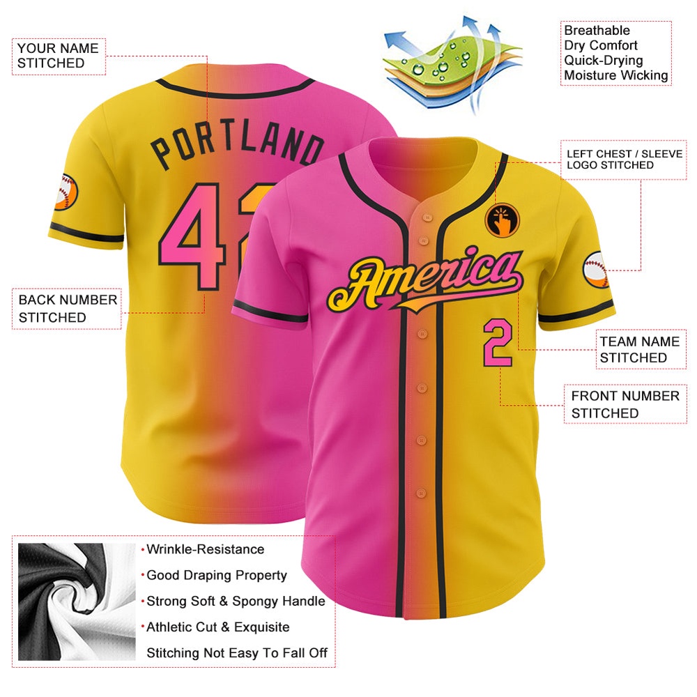 Yellow Pink-Black Authentic Gradient Fashion Baseball Jersey, Custom Baseball Jersey, Personalized Sport Jersey