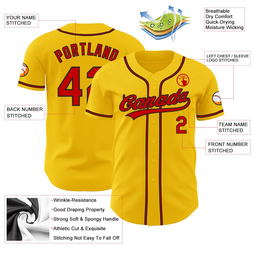 Yellow Red-Black Authentic Baseball Jersey, Custom Baseball Jersey, Personalized Sport Jersey