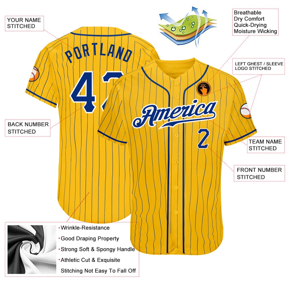 Yellow Royal Pinstripe Royal-White Authentic Baseball Jersey, Custom Baseball Jersey, Personalized Sport Jersey