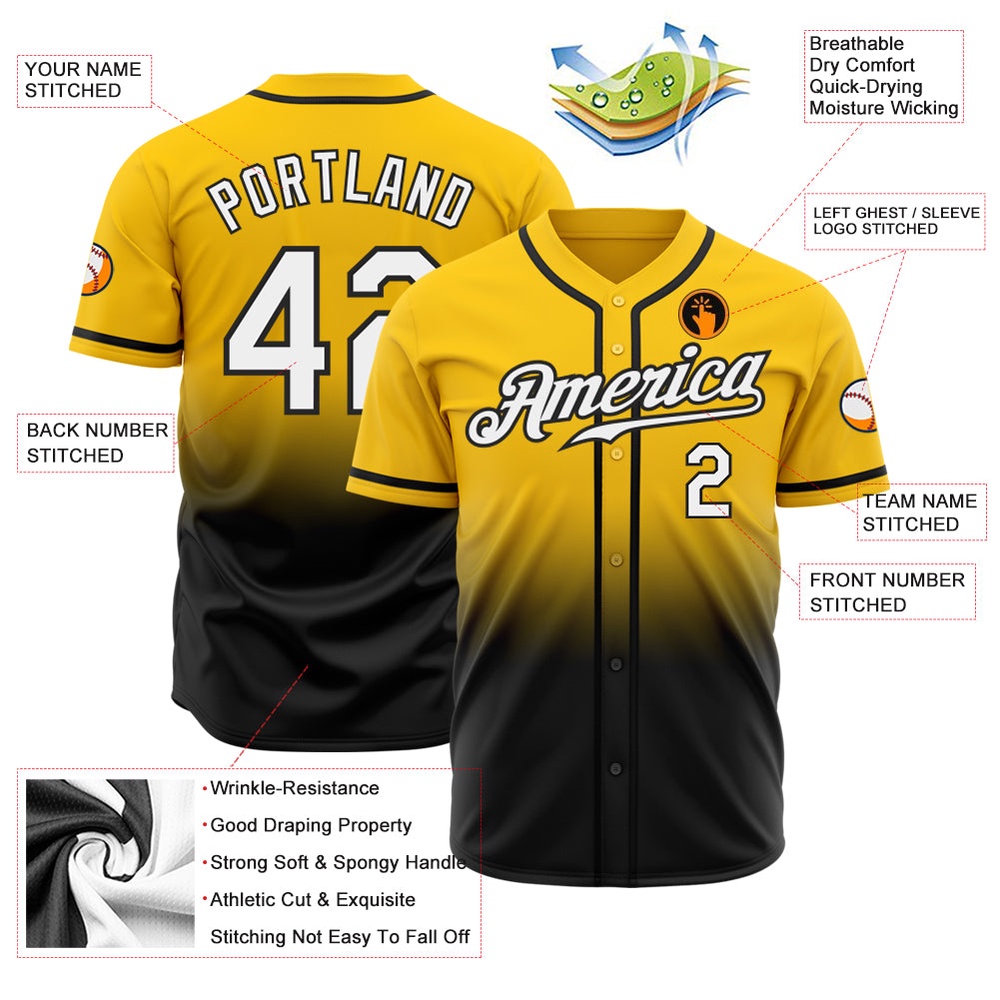 Yellow White-Black Authentic Fade Fashion Baseball Jersey, Custom Baseball Jersey, Personalized Sport Jersey