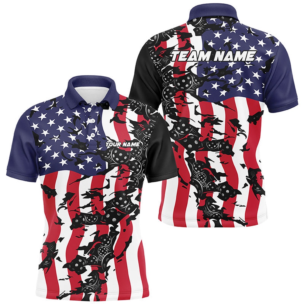 American Flag Custom Pickleball Team Shirts For Men And Women, Patriotic Pickleball Polo Shirt, Pickleball Polo Shirts
