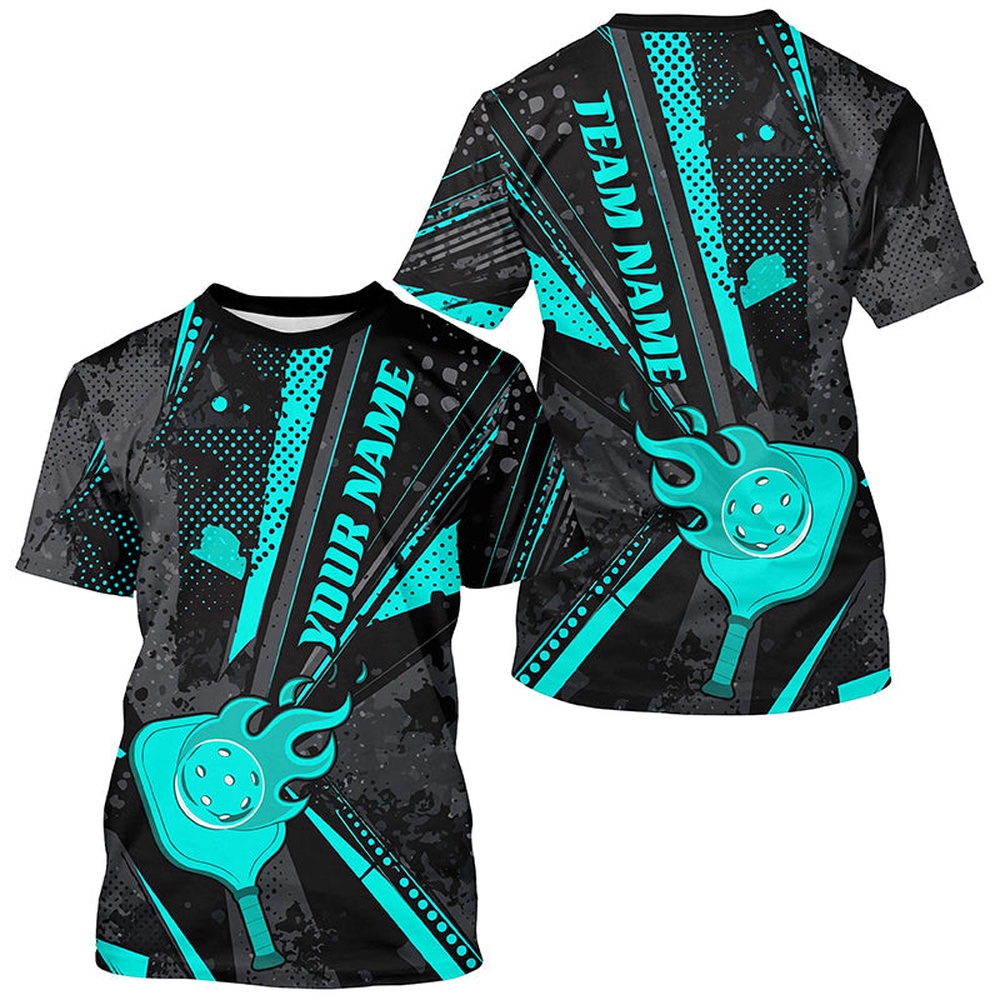 Black And Blue Custom Flame Pickleball T-Shirts For Men, Pickleball 3D TShirts Pickleballer Outfit