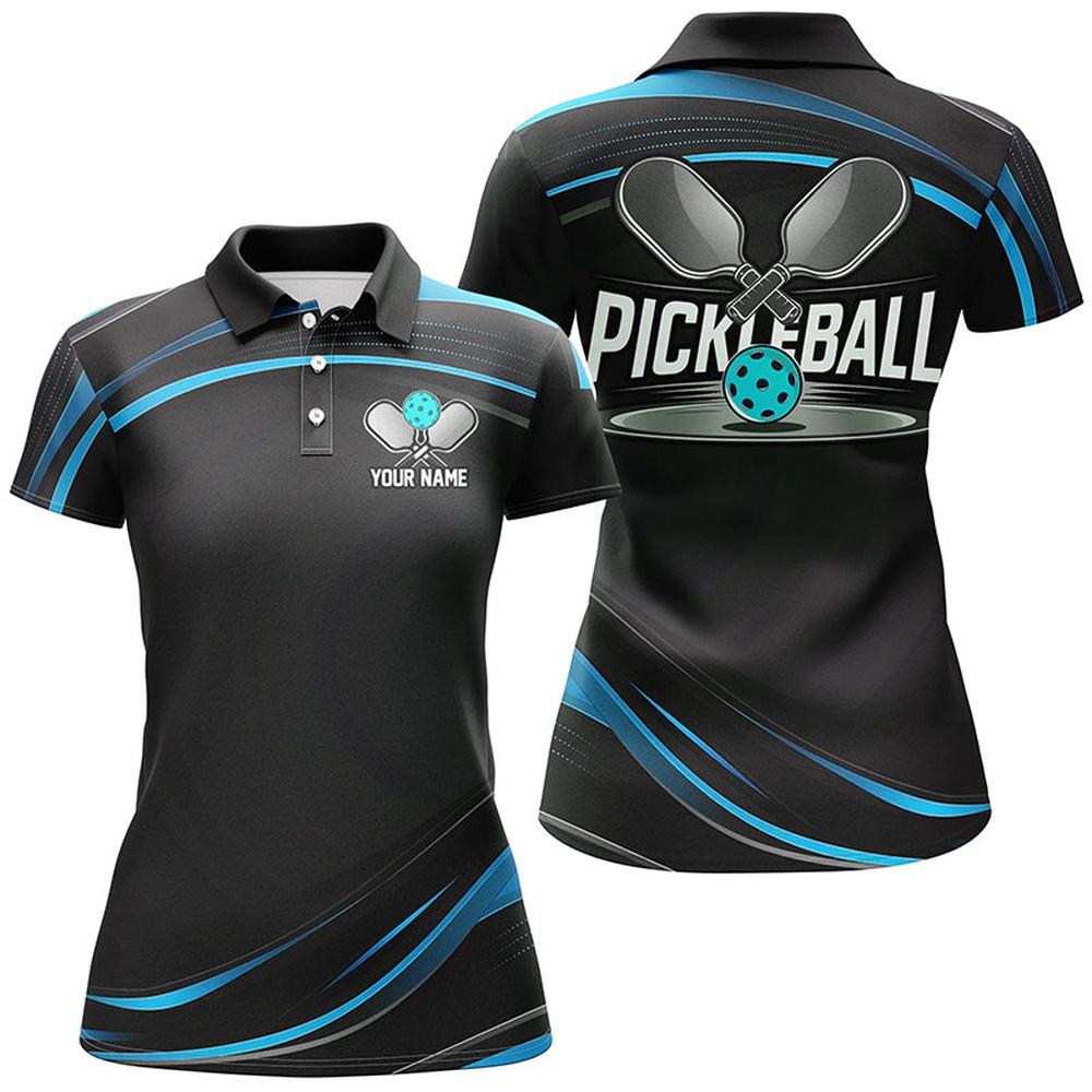 Black And Blue Custom Womens Pickleball Shirts,  Pickleball Polo Shirts, Pickleball Polo Shirts