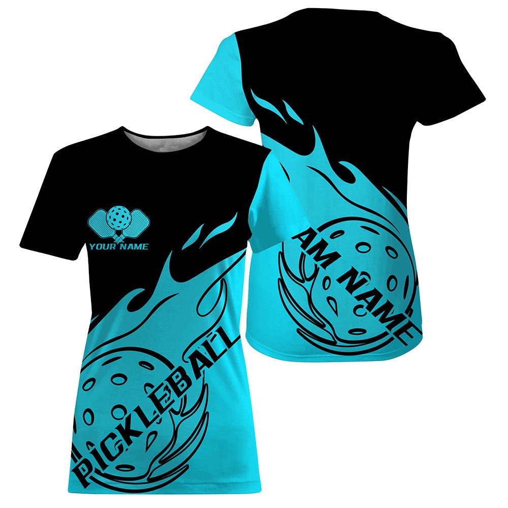 Black And Blue Fire Pickleball Ball Custom Flame Pickleball T-Shirts For Women, Pickleball Team Outfit
