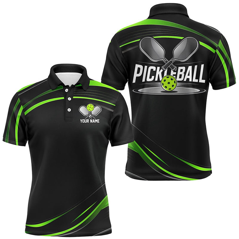 Black And Green Custom Mens Pickleball Shirts,  Pickleball Polo Shirts, Pickleball Polo Shirts