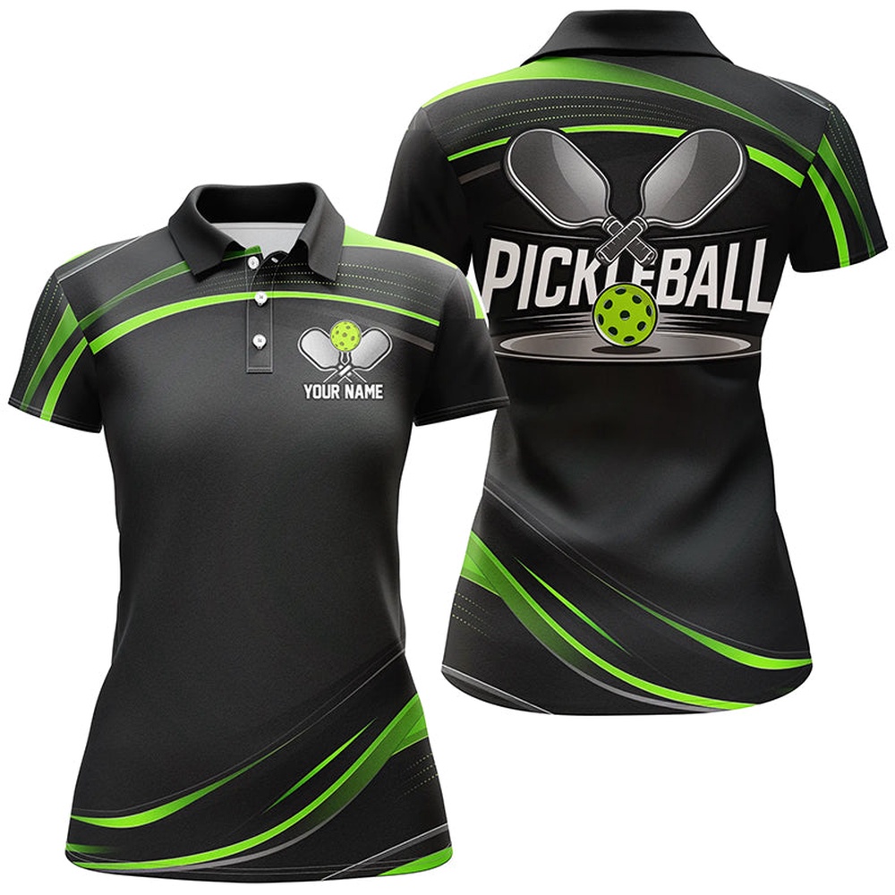 Black And Green Custom Womens Pickleball Shirts,  Pickleball Polo Shirts, Pickleball Polo Shirts