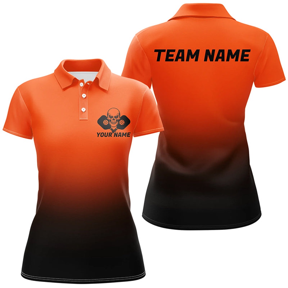 Black And Orange Custom Skull Pickleball Shirts For Women, Halloween Pickleball Team Outfit, Pickleball Polo Shirts