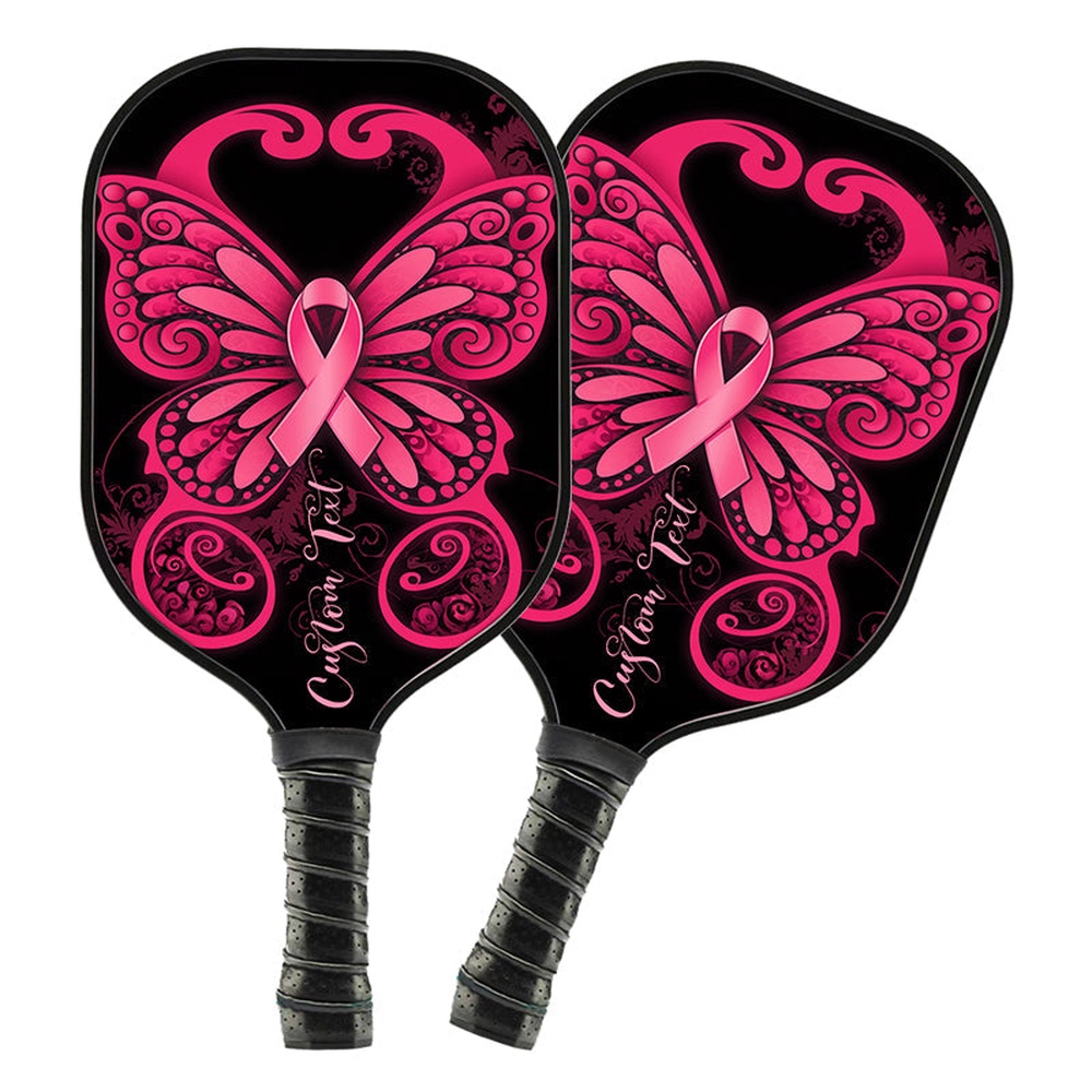 Black And Pink Breast Cancer Ribbon Butterfly Custom Pickleball Paddle, Breast Cancer Awareness Pickleball Paddles, Custom Pickleball Paddle