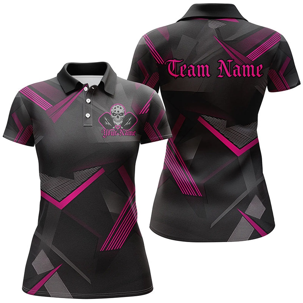 Black And Pink Custom Skull Pickleball Shirts For Women, Halloween Pickleball Outifts Gifts, Pickleball Polo Shirts