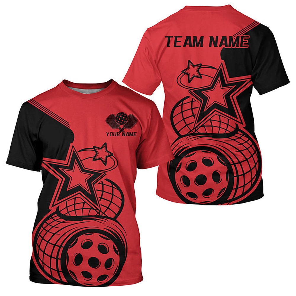Black And Red Custom Pickleball Star Pickleball T-Shirts For Men, Pickleball Apparel Team Outfits