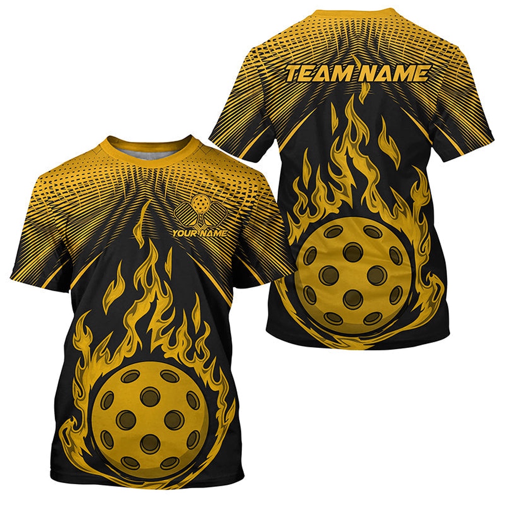 Black And Yellow Fire Pickleball Ball Custom Flame Pickleball T-Shirts For Men, Pickleball Tournament Shirts