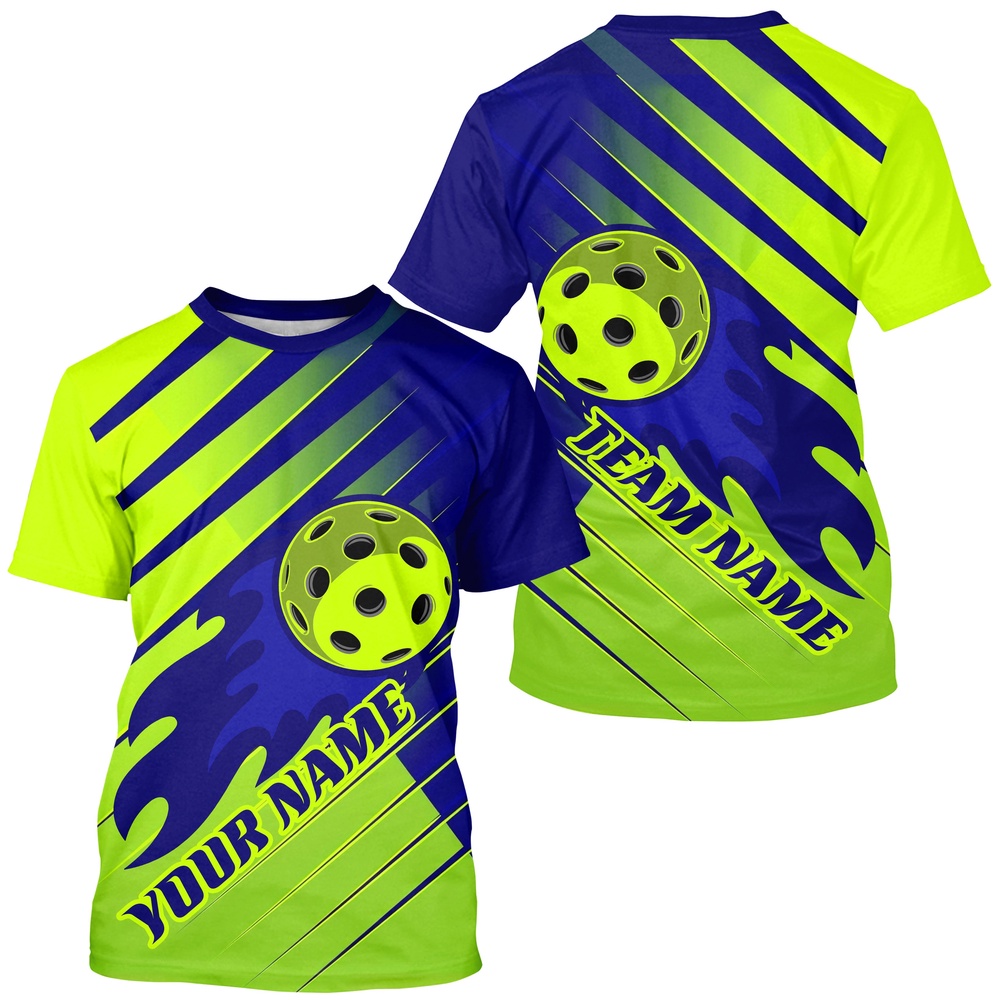 Blue And Green Custom Flame Ball Pickleball T-Shirts For Men, Personalized Pickleball Team Uniform