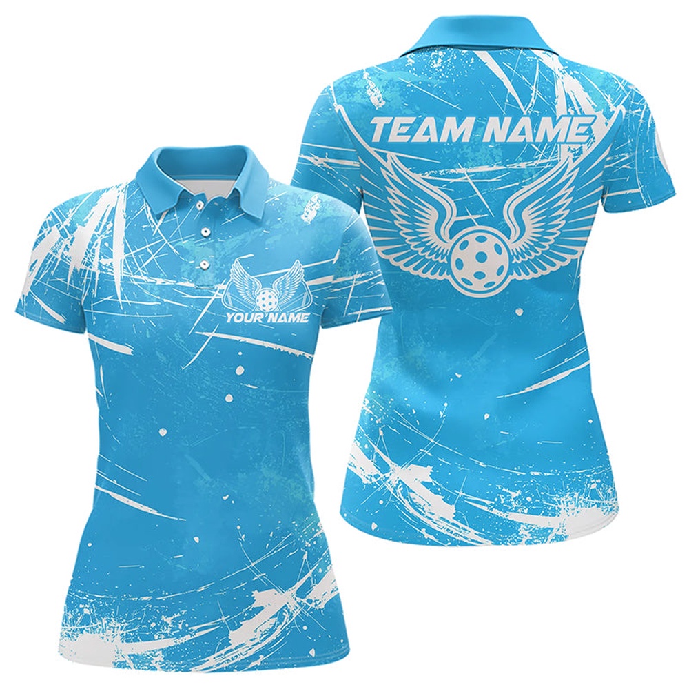Blue And White Custom Pickleball Wings Polo Shirts For Women, Pickleball Tournament Shirt, Pickleball Polo Shirts