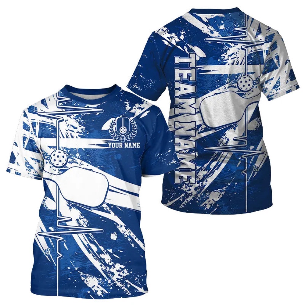 Blue And White Pickleball Heartbeat Pulse Line Custom Pickleball Team T-Shirts For Men