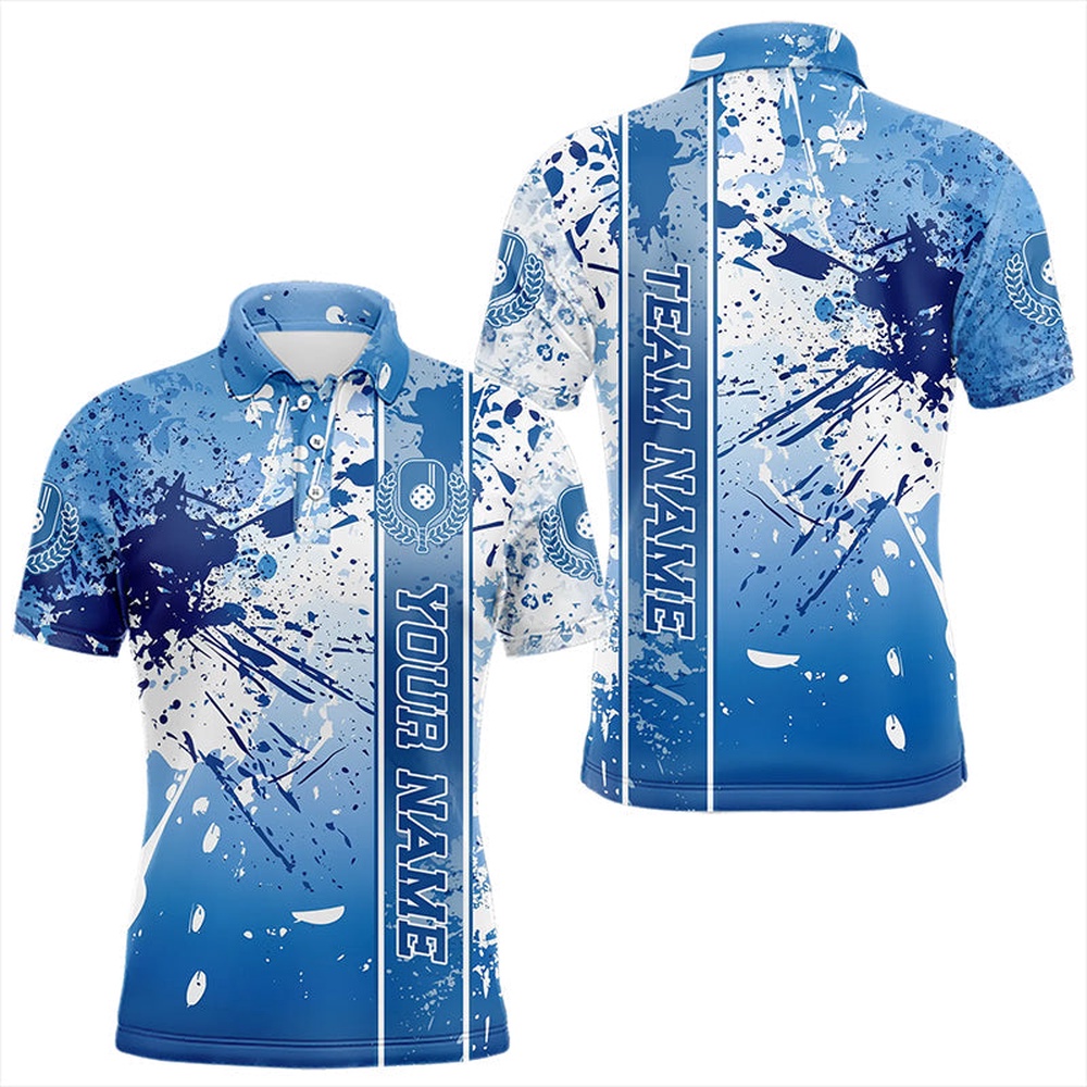 Blue And White Splatter Custom Pickleball Polo Shirts For Men, Pickleball Team Uniform, Pickleball Polo Shirts
