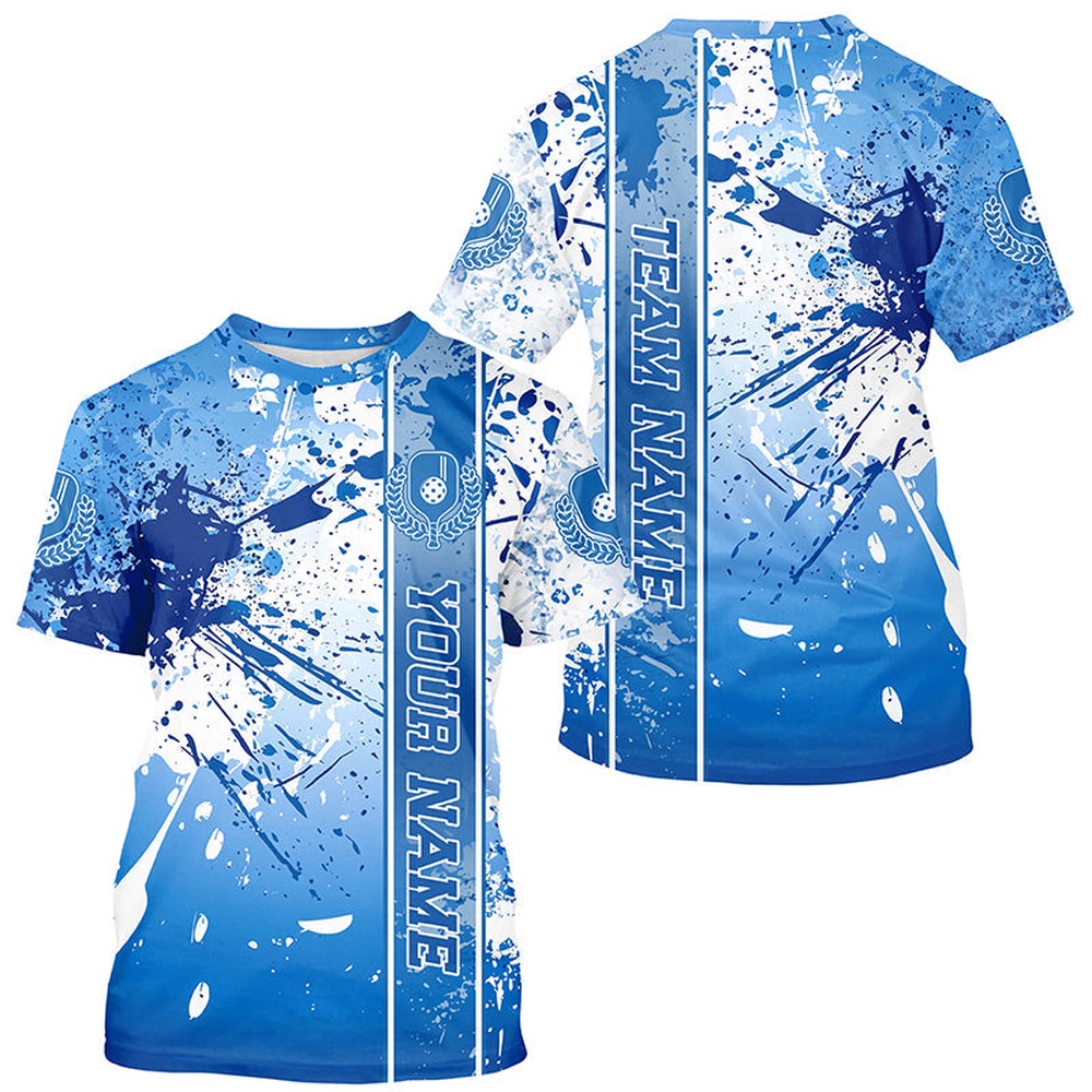 Blue And White Splatter Custom Pickleball T-Shirts For Men, Pickleball Team Uniform