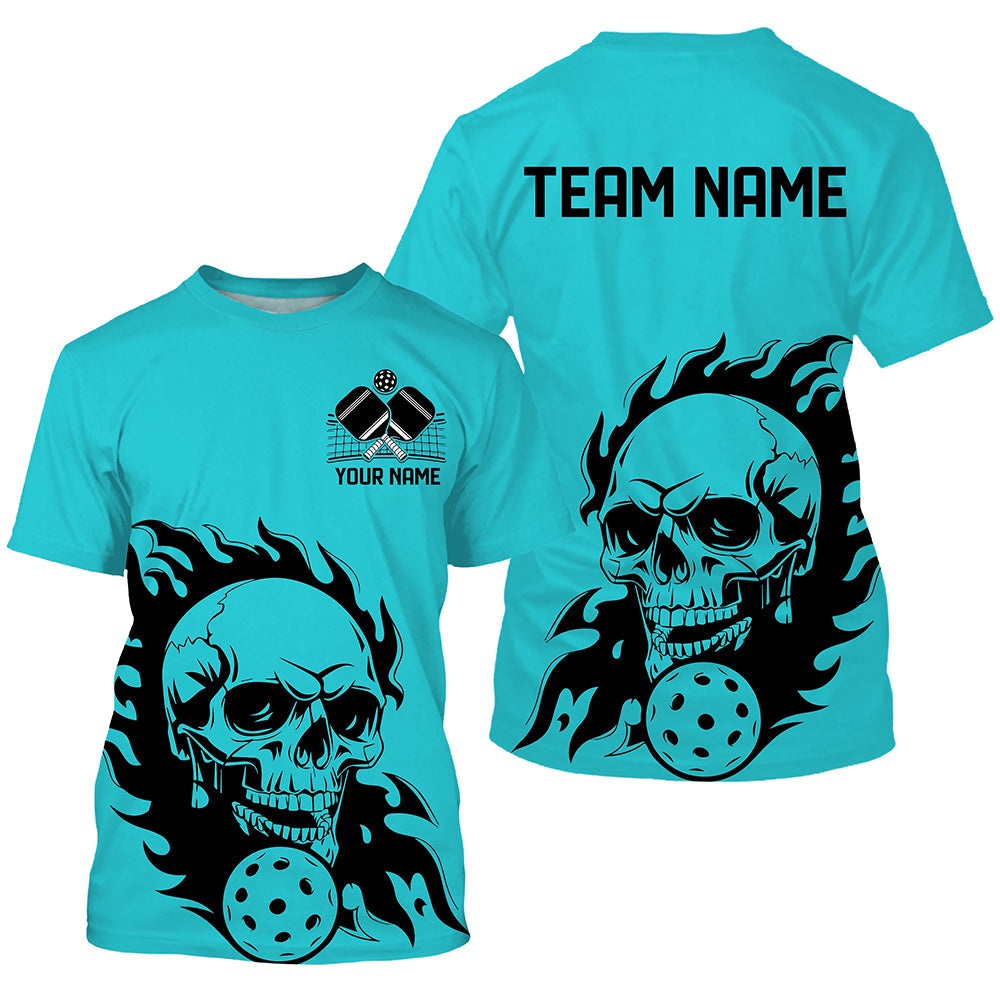 Blue Custom Flame Skull Pickleball T-Shirts For Men, Halloween Pickleball Team Outfits Halloween Pickleball Gifts