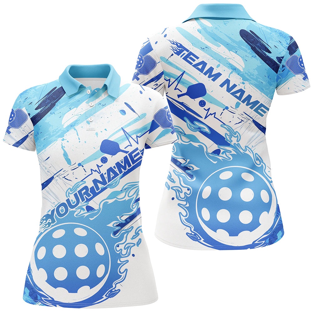 Blue Flame Pickleball Ball Custom Polo Shirts For Women, Outdoor Pickleball Polo Shirts, Pickleball Polo Shirts