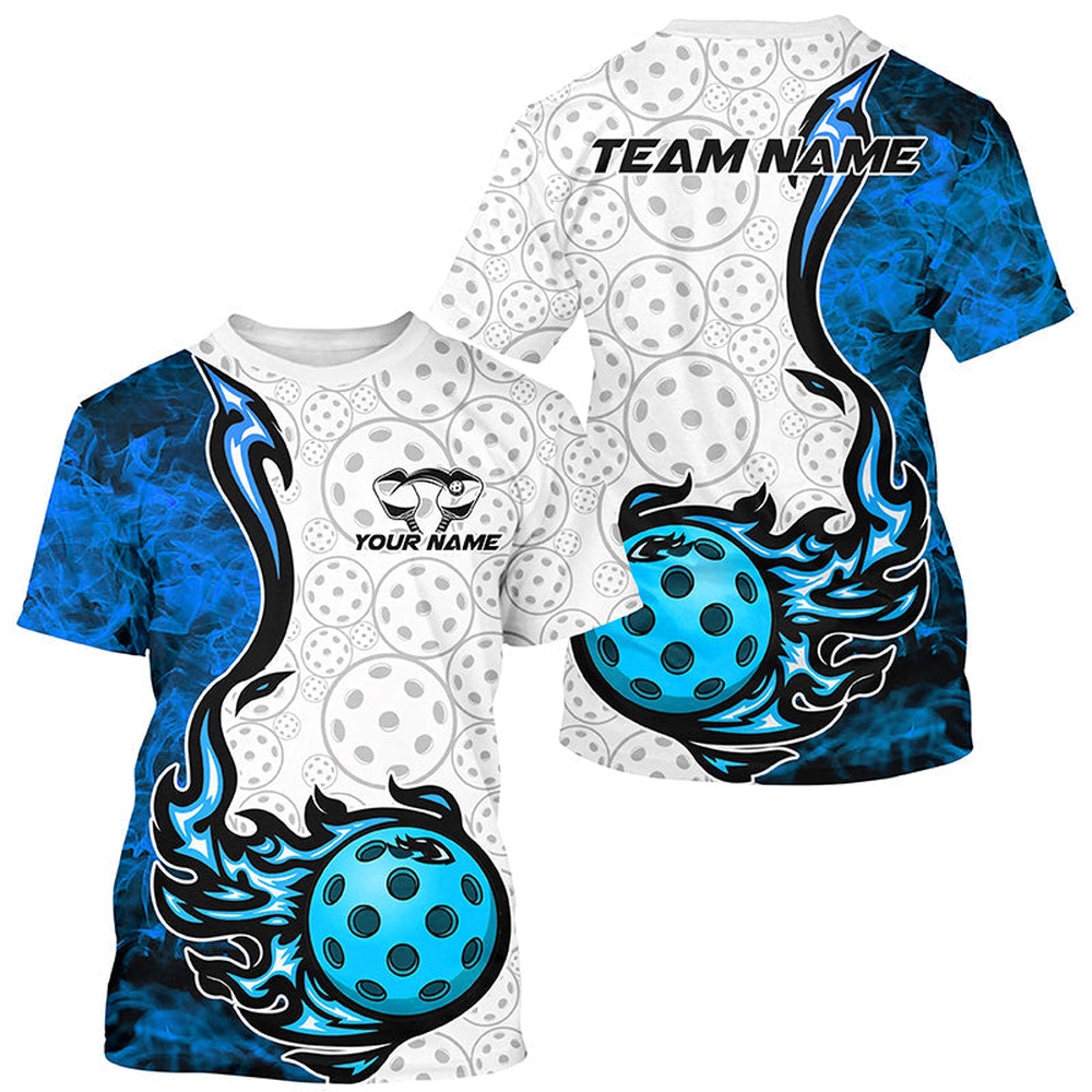 Blue Flame Pickleball Ball Custom T-Shirts For Men, Fire Pickleball Outfits Pickleball Apparel