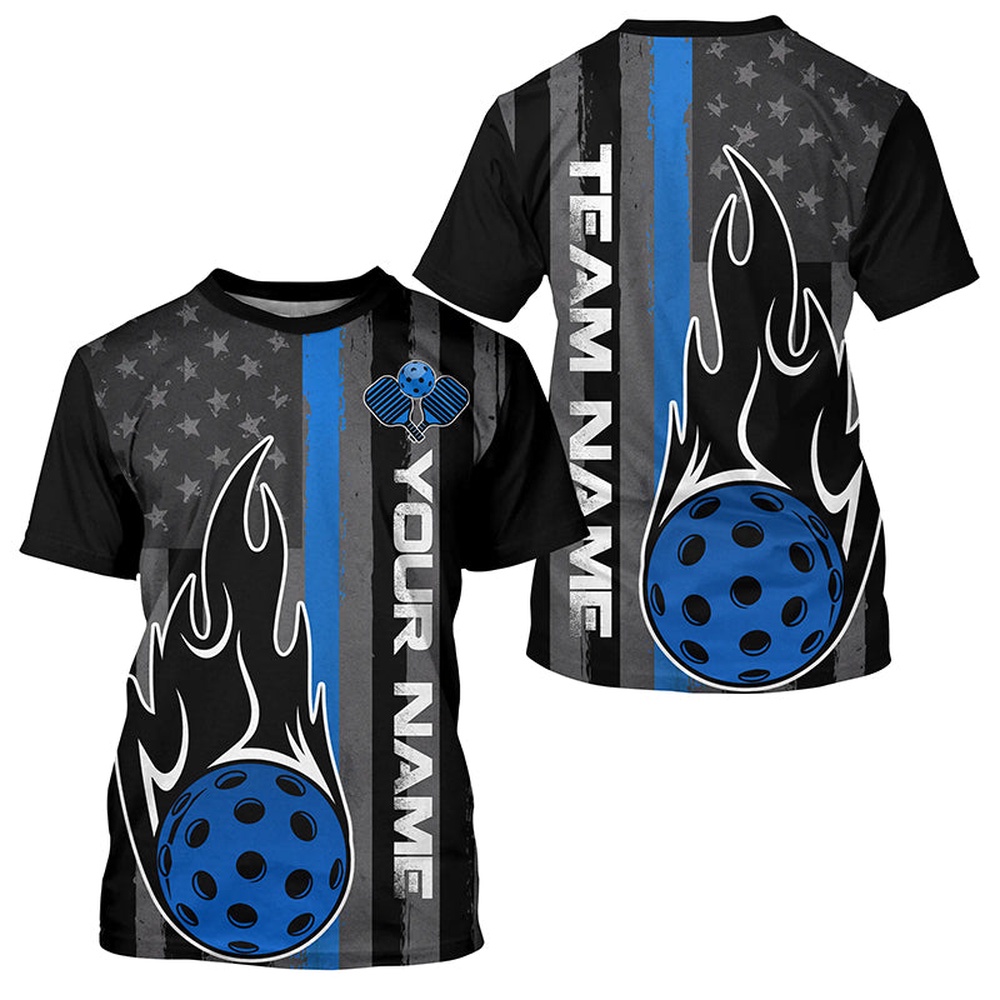 Blue Thin Line American Flag Custom US Pickleball T-Shirts For Men, Patriotic Pickleball Team Uniform