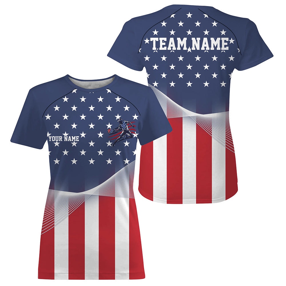 Custom American Flag Patriotic Pickleball T-Shirts For Women, US Pickleball League 3D Shirt