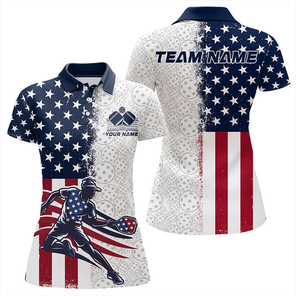 Custom American Flag Pickleball Polo Shirts For Women, Patriotic Pickleball League Shirt, Pickleball Polo Shirts