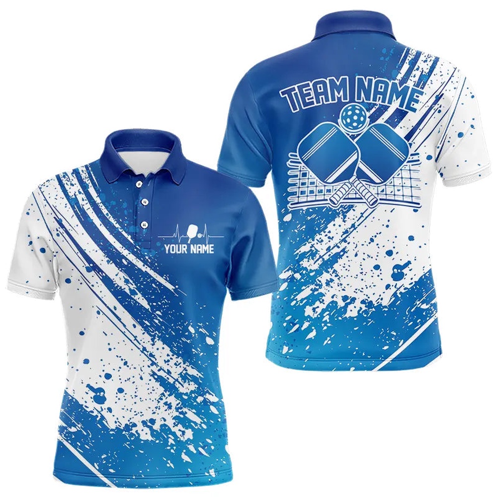 Custom Blue And White Pickleball Polo Shirts For Men, Pickleball Heartbeat Pulse Line Shirt, Pickleball Polo Shirts