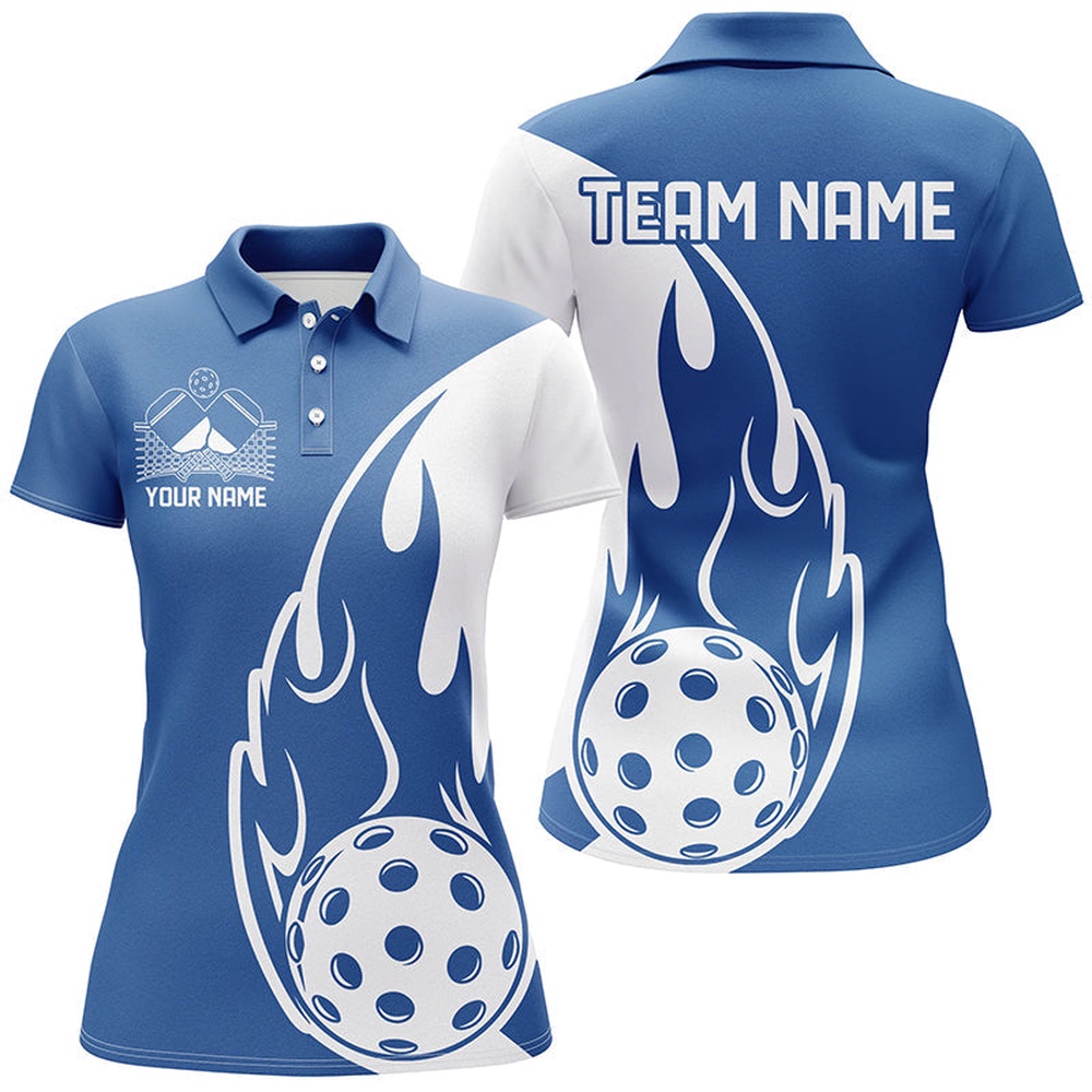 Custom Blue Flame Pickleball Shirts For Women, Pickleball Team Uniform Women’s Outfit, Pickleball Polo Shirts