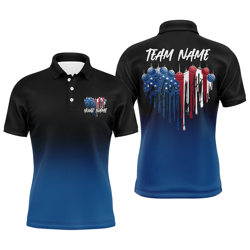 Custom Blue Patriotic Heart Pickleball Polo Shirts For Men, US Flag Pickleball Team Shirt, Pickleball Polo Shirts