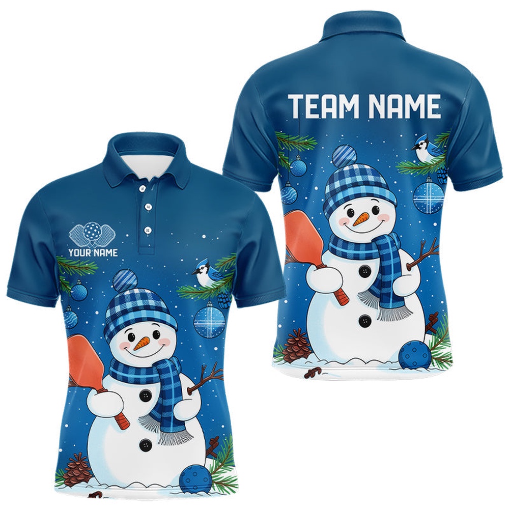 Custom Christmas Snowman Pickleball Polo Shirts For Men, Xmas Pickleball Team Shirts, Pickleball Polo Shirts