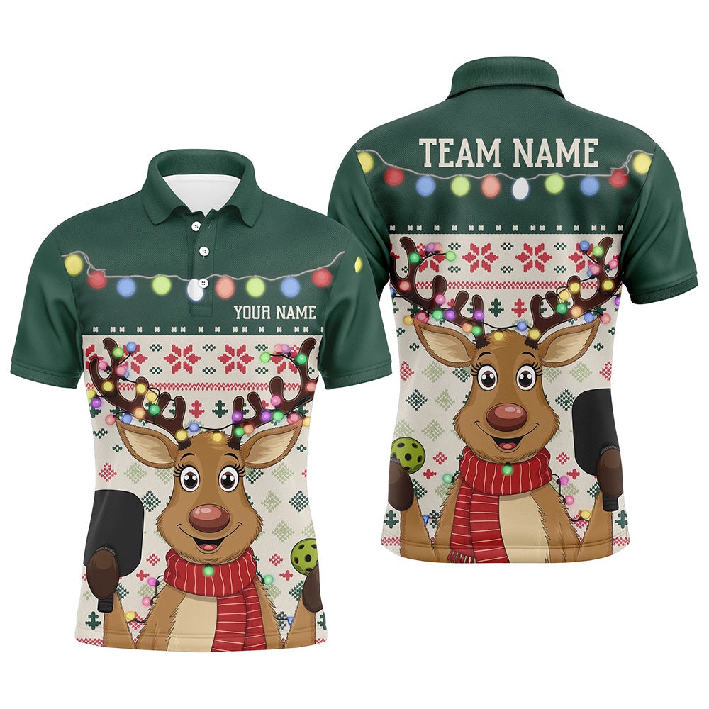 Custom Funny Christmas Reindeer Pickleball Polo Shirts For Men, Xmas Pickleball Outfit, Pickleball Polo Shirts