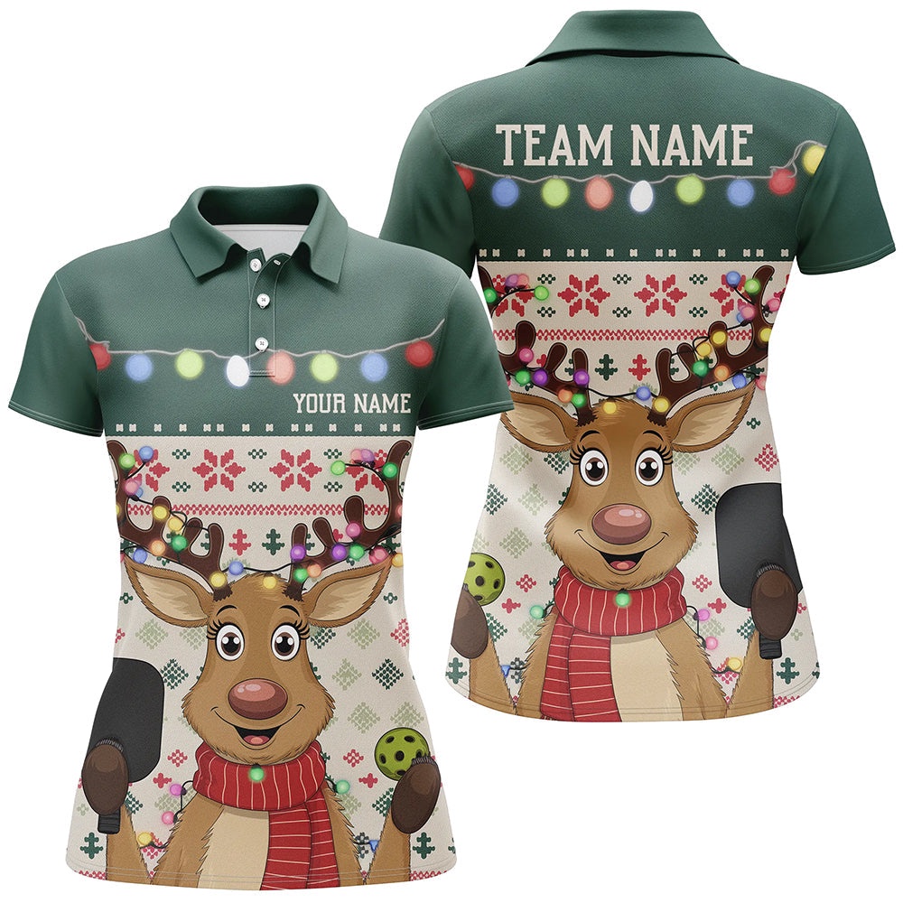 Custom Funny Christmas Reindeer Pickleball Polo Shirts For Women, Xmas Pickleball Outfit, Pickleball Polo Shirts