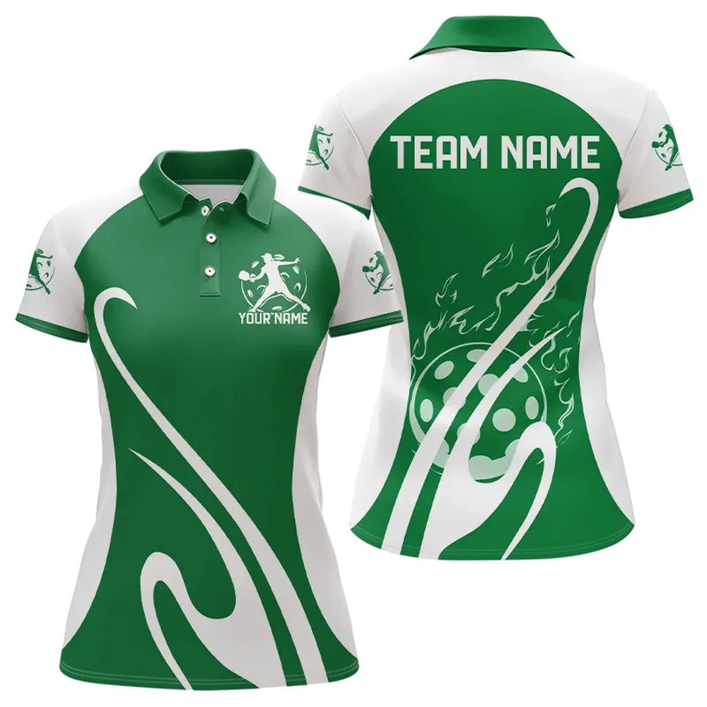 Custom Green Pickleball Polo Shirts For Women, Flame Pickleball Tournament Team Shirt, Pickleball Polo Shirts