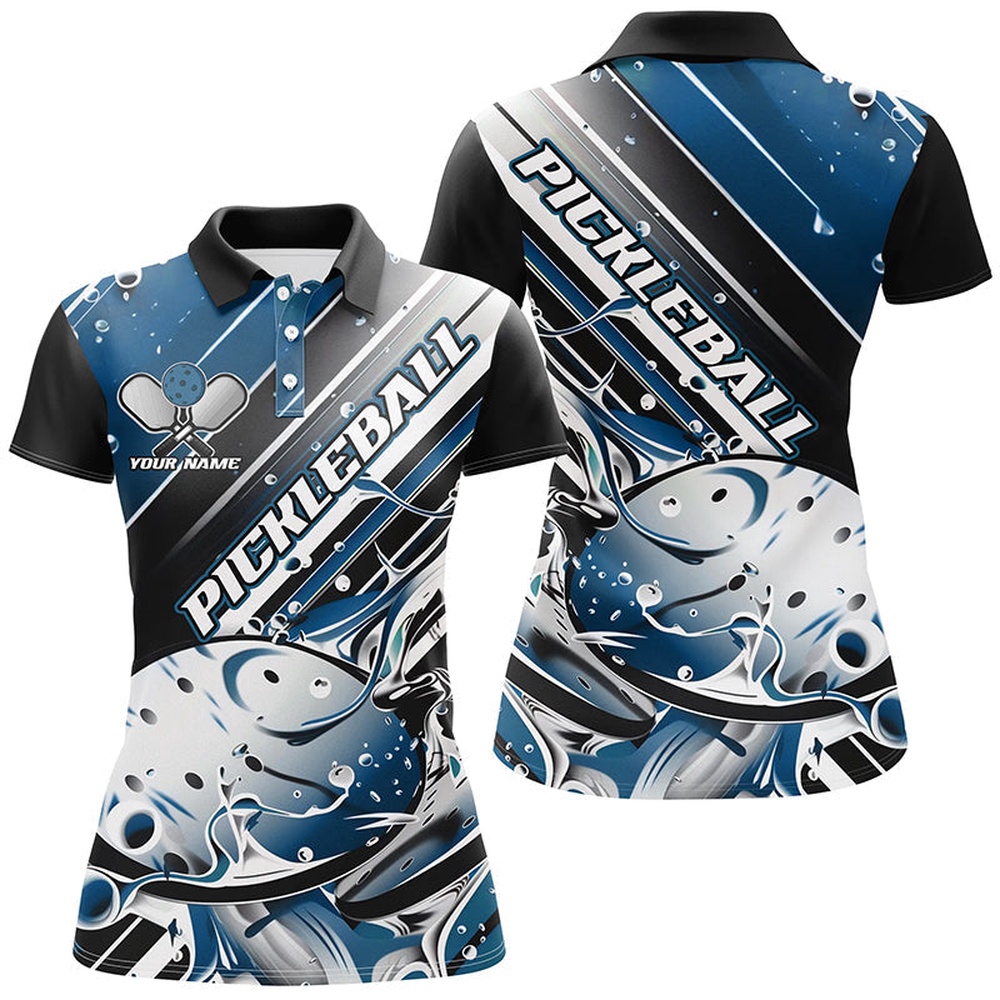 Custom Ladies Pickleball Polo Shirts, Black And Blue Pickleball Outfit Pickleball Shirts, Pickleball Polo Shirts