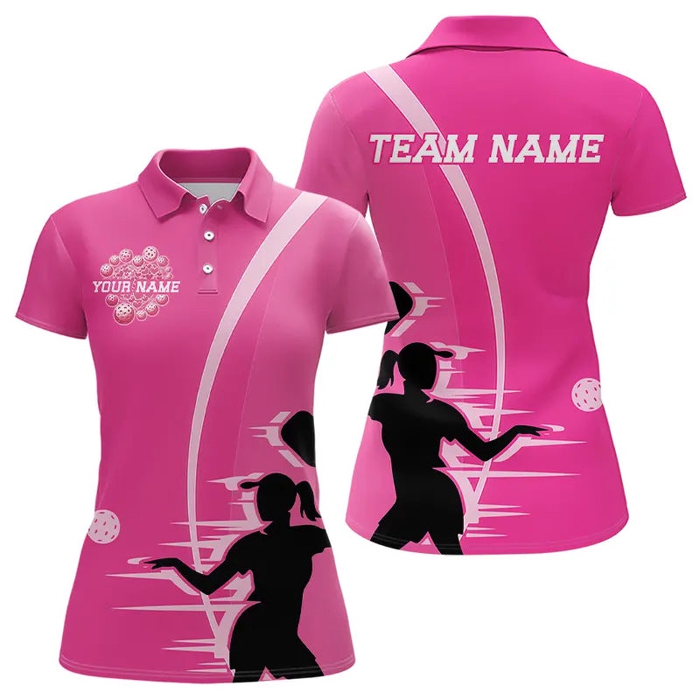 Custom Pink Pickleball Polo Shirts For Women, Pickleball Balls Heart Team Shirts, Pickleball Polo Shirts