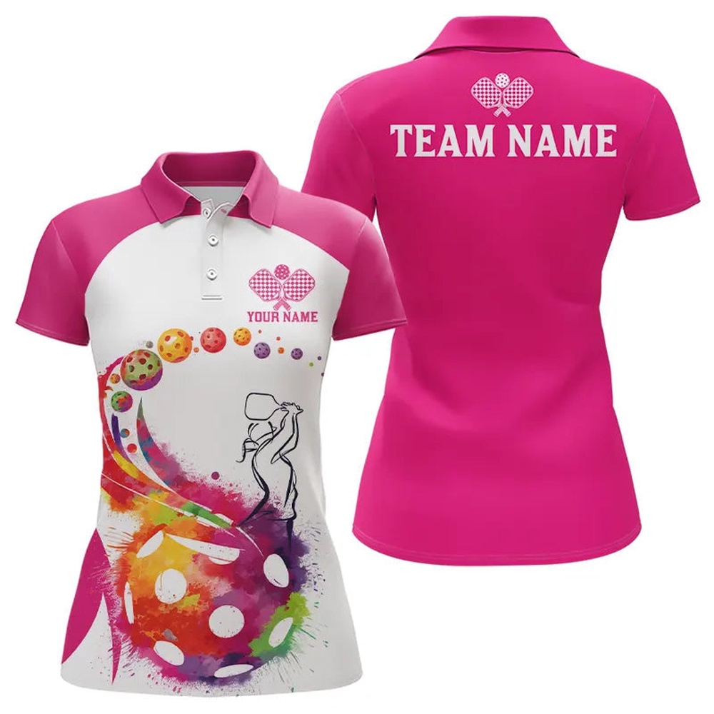 Custom Pink Watercolor Pickleball Polo Shirts For Women, Pickleball Polo Shirts, Pickleball Polo Shirts