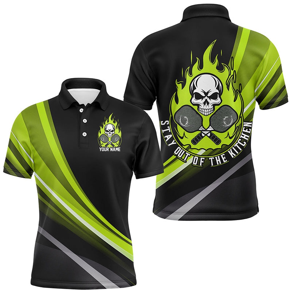 Custom Skull Men’s Pickleball Polo Shirts, Stay Out Of The Kitchen Pickleball Attire Green, Pickleball Polo Shirts