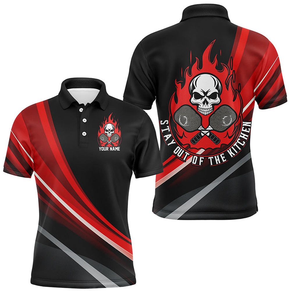 Custom Skull Men’s Pickleball Polo Shirts, Stay Out Of The Kitchen Pickleball Attire Red, Pickleball Polo Shirts