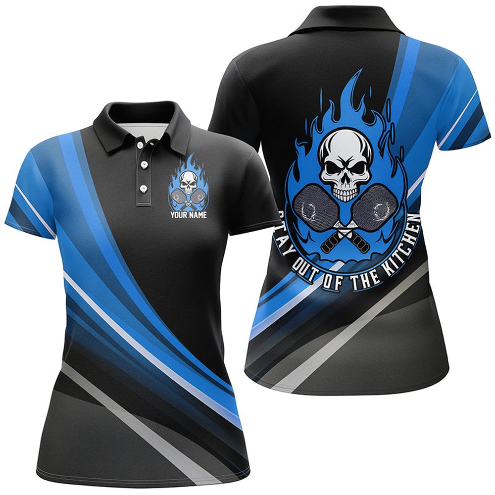 Custom Skull Women’s Pickleball Polo Shirts Stay Out Of The Kitchen Pickleball Blue, Pickleball Polo Shirts