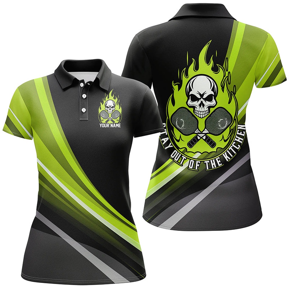 Custom Skull Women’s Pickleball Polo Shirts Stay Out Of The Kitchen Pickleball Green, Pickleball Polo Shirts