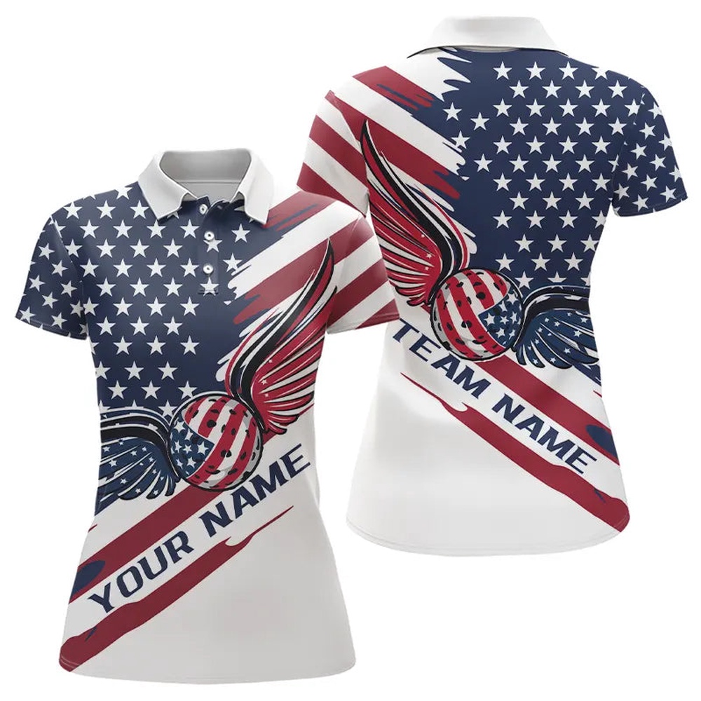 Custom US Flag Patriotic Pickleball Polo Shirts For Women, Pickleball Ball With Wings Shirt, Pickleball Polo Shirts