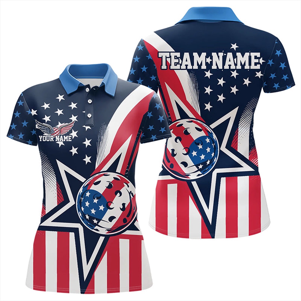 Custom US Star Pickleball Polo Shirts For Women, Patriotic Pickleball Team Polo Shirts, Pickleball Polo Shirts