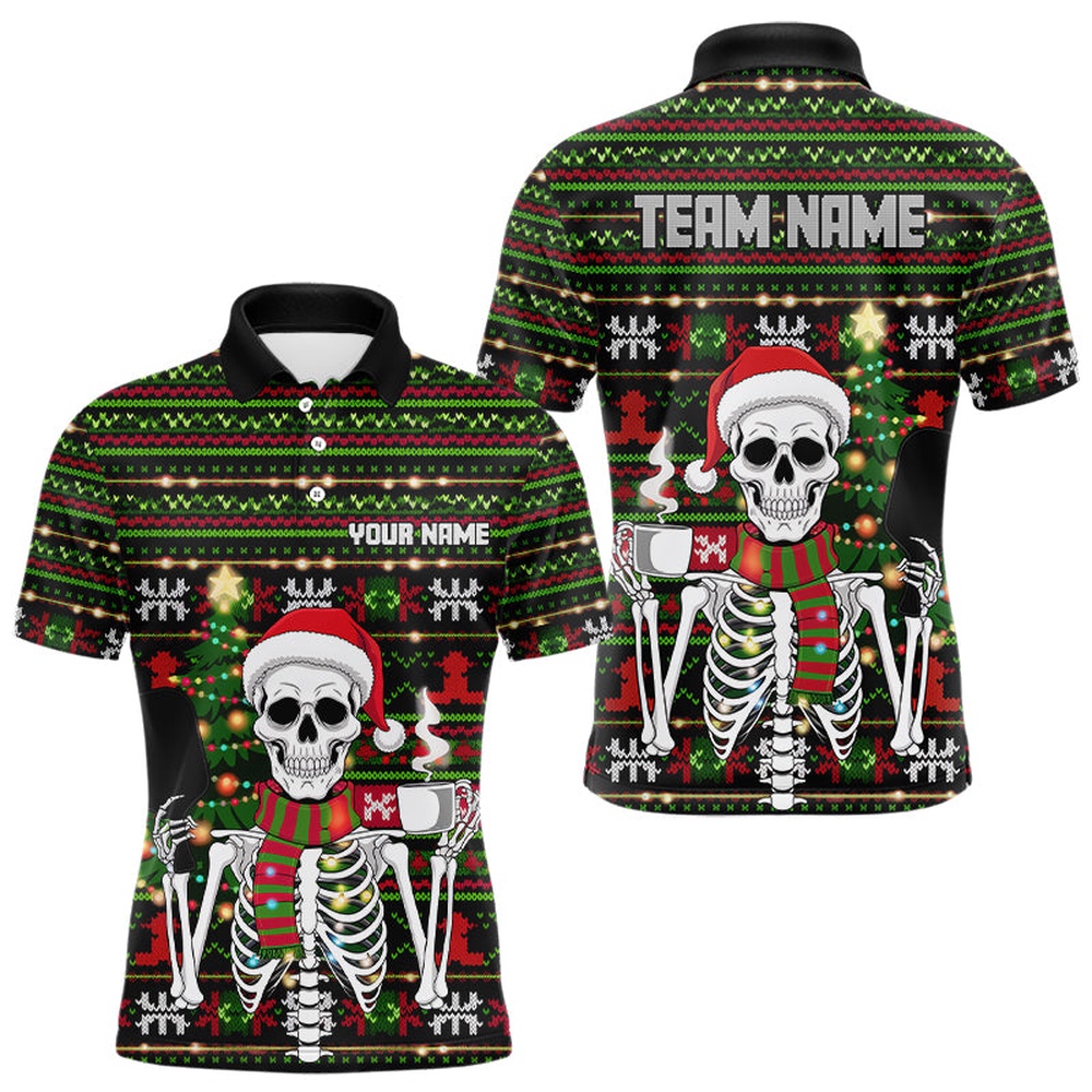 Custom Ugly Sweater Pattern Skull Christmas Pickleball Polo Shirts For Men, Pickleball Polo Shirts