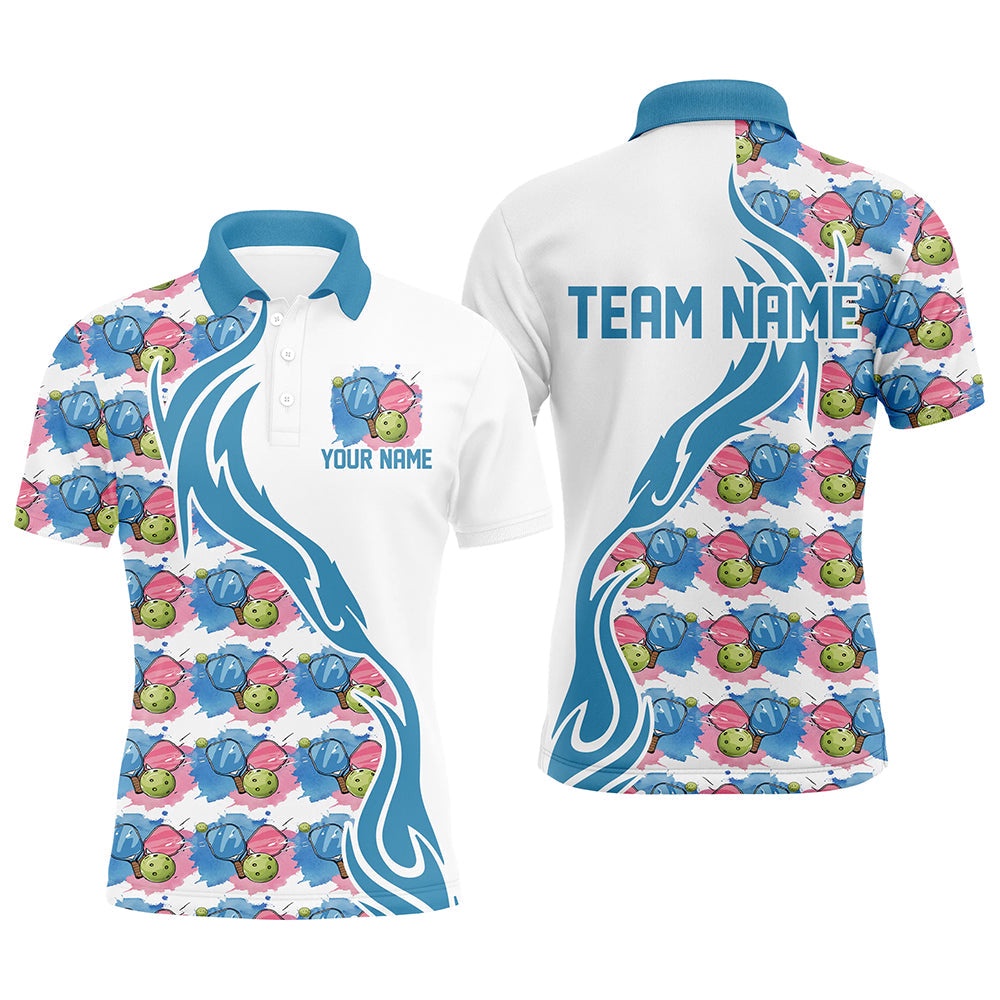 Custom Watercolor Pickleball Shirts For Men, Blue And Pink Pickleball Outfit For Teams, Pickleball Polo Shirts