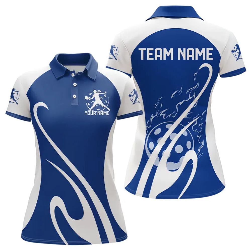 Custom White And Blue Pickleball Polo Shirts For Women, Flame Pickleball Tournament Team Shirt, Pickleball Polo Shirts
