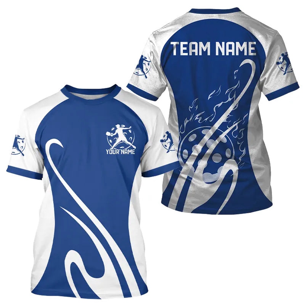 Custom White And Blue Pickleball T-Shirts For Men, Flame Pickleball Tournament Team Shirt
