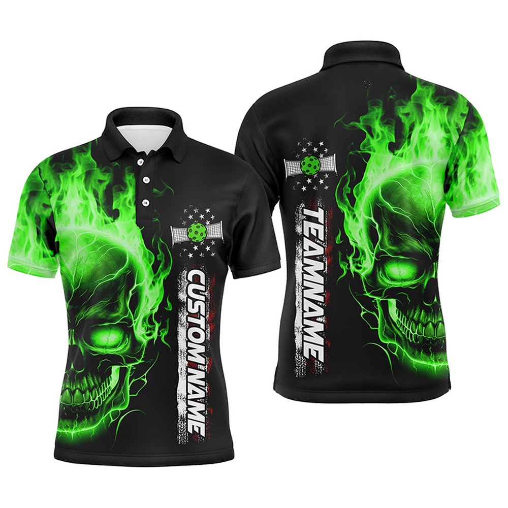 Flame Skull American Flag Custom Team Pickleball Shirts For Men, Pickleball Polo Shirts Flame Skull American Flag Custom Team Pickleball Shirts For Men, Pickleball Polo Shirts
